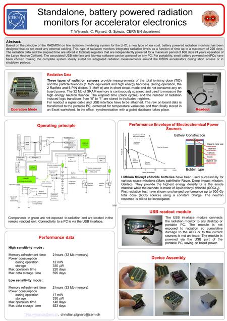 Abstract: Based on the principle of the RADMON on line radiation monitoring system for the LHC, a new type of low cost, battery powered radiation monitors.