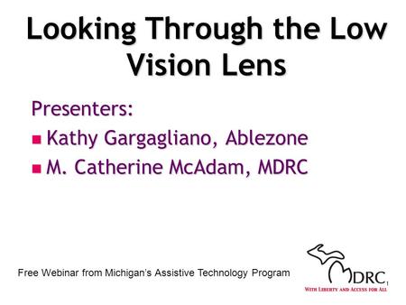1 Looking Through the Low Vision Lens Presenters: Kathy Gargagliano, Ablezone Kathy Gargagliano, Ablezone M. Catherine McAdam, MDRC M. Catherine McAdam,