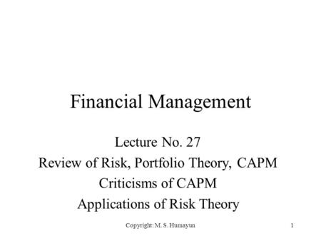 Financial Management Lecture No. 27
