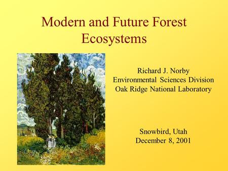 Modern and Future Forest Ecosystems Richard J. Norby Environmental Sciences Division Oak Ridge National Laboratory Snowbird, Utah December 8, 2001.