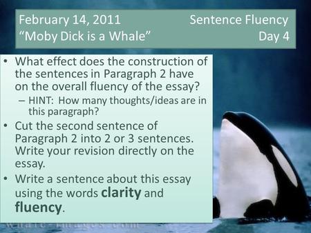 February 14, 2011 Sentence Fluency “Moby Dick is a Whale” Day 4 What effect does the construction of the sentences in Paragraph 2 have on the overall fluency.