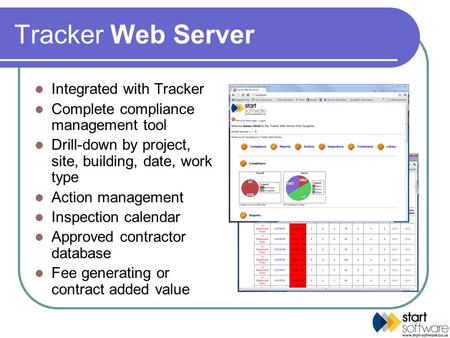 Tracker Web Server Integrated with Tracker Complete compliance management tool Drill-down by project, site, building, date, work type Action management.