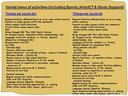 Varied menu of activities (Including Sports,/Arts/ICT & Study Support) Things we could do! Expand facilities offered/taken up to by some ethnic minority.
