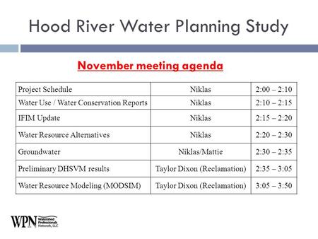 November meeting agenda Hood River Water Planning Study Project ScheduleNiklas2:00 – 2:10 Water Use / Water Conservation ReportsNiklas2:10 – 2:15 IFIM.