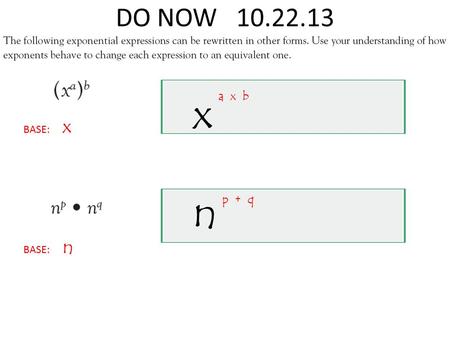 DO NOW 10.22.13 BASE: x BASE: n x n a x b p + q. 1 Numbers, Variables, or a Product of a Number and one or more Variables. Vocabulary 1 Activate Prior.