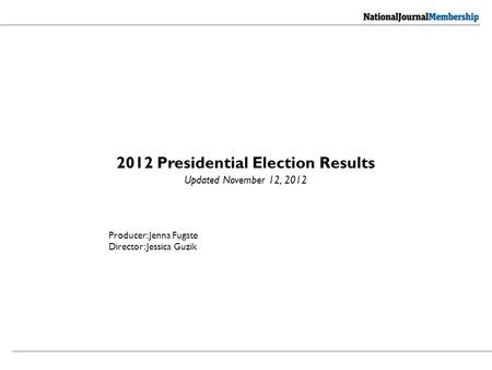 2012 Presidential Election Results Updated November 12, 2012 Producer: Jenna Fugate Director: Jessica Guzik.