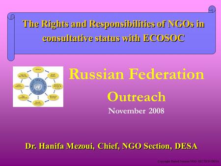 Copyright United Nations NGO SECTION/DESA Dr. Hanifa Mezoui, Chief, NGO Section, DESA The Rights and Responsibilities of NGOs in consultative status with.