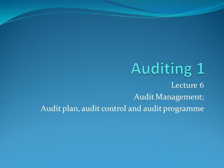 Auditing 1 Lecture 6 Audit Management;