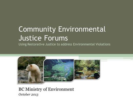 Community Environmental Justice Forums Using Restorative Justice to address Environmental Violations BC Ministry of Environment October 2013.