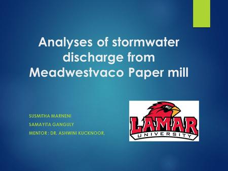 Analyses of stormwater discharge from Meadwestvaco Paper mill SUSMITHA MARNENI SAMAYITA GANGULY MENTOR : DR. ASHWINI KUCKNOOR,