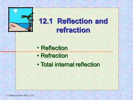 1© Manhattan Press (H.K.) Ltd. Reflection Refraction Refraction 12.1 Reflection and refraction Total internal reflection Total internal reflection.