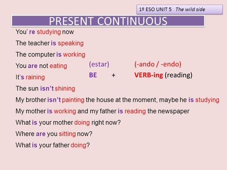 PRESENT CONTINUOUS (estar) (-ando / -endo) BE+ VERB-ing (reading) 1º ESO UNIT 5 The wild side You’ re studying now The teacher is speaking The computer.