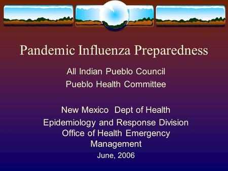Pandemic Influenza Preparedness All Indian Pueblo Council Pueblo Health Committee New Mexico Dept of Health Epidemiology and Response Division Office of.