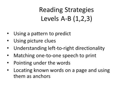 Reading Strategies Levels A-B (1,2,3) Using a pattern to predict Using picture clues Understanding left-to-right directionality Matching one-to-one speech.