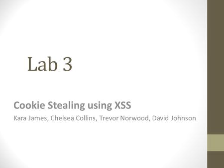 Lab 3 Cookie Stealing using XSS Kara James, Chelsea Collins, Trevor Norwood, David Johnson.
