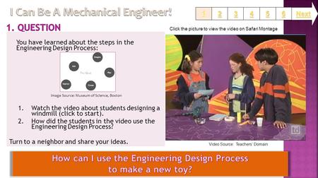 You have learned about the steps in the Engineering Design Process: 1.Watch the video about students designing a windmill (click to start). 2.How did the.
