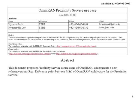 Omniran-13-0016-02-0000 OmniRAN Proximity Service use case Date: [2013-03-16] Authors: NameAffiliationPhone Hyunho ParkETRI+82-42-860-4934