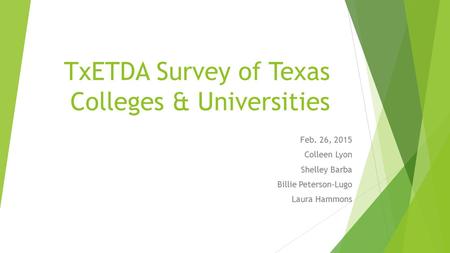 TxETDA Survey of Texas Colleges & Universities Feb. 26, 2015 Colleen Lyon Shelley Barba Billie Peterson-Lugo Laura Hammons.
