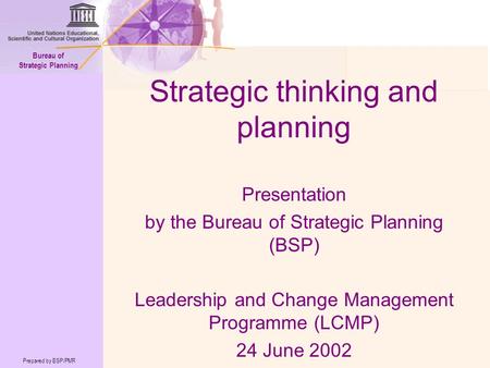 Prepared by BSP/PMR Bureau of Strategic Planning Strategic thinking and planning Presentation by the Bureau of Strategic Planning (BSP) Leadership and.