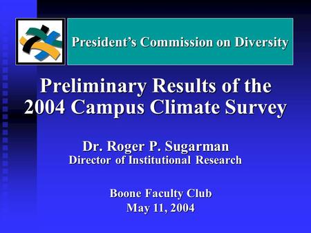 Preliminary Results of the 2004 Campus Climate Survey Dr. Roger P. Sugarman Director of Institutional Research Boone Faculty Club May 11, 2004 President’s.