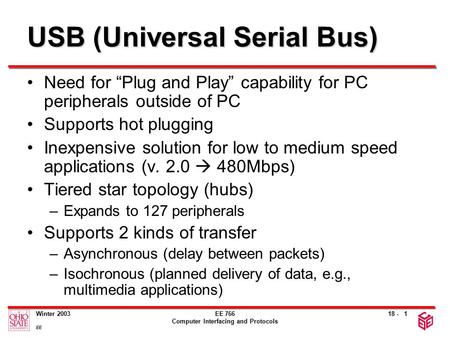 18 - Winter 2003 EE EE 766 Computer Interfacing and Protocols 1 USB (Universal Serial Bus) Need for “Plug and Play” capability for PC peripherals outside.