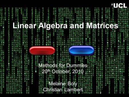 Linear Algebra and Matrices Methods for Dummies 20 th October, 2010 Melaine Boly Christian Lambert.