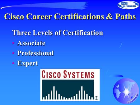 Cisco Career Certifications & Paths Three Levels of Certification AssociateAssociate ProfessionalProfessional ExpertExpert.