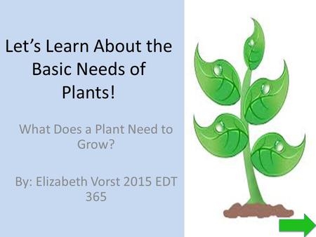 Let’s Learn About the Basic Needs of Plants! What Does a Plant Need to Grow? By: Elizabeth Vorst 2015 EDT 365.