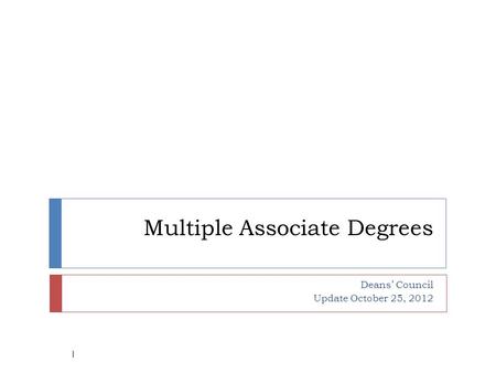 Multiple Associate Degrees Deans’ Council Update October 25, 2012 1.