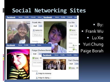 Social Networking Sites  By:  Frank Wu  Lu Xie  Yuri Chung  Paige Borah.