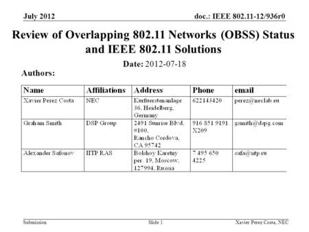 Doc.: IEEE 802.11-12/936r0 Submission July 2012 Xavier Perez Costa, NECSlide 1 Review of Overlapping 802.11 Networks (OBSS) Status and IEEE 802.11 Solutions.