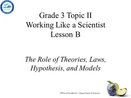 Grade 3 Topic II Working Like a Scientist Lesson B The Role of Theories, Laws, Hypothesis, and Models Office of Academics - Department of Science.
