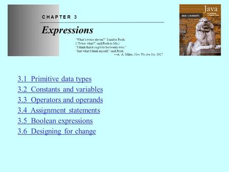 Expressions Java 3.1 Primitive data types 3.2 Constants and variables