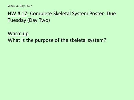 HW # 17- Complete Skeletal System Poster- Due Tuesday (Day Two) Warm up What is the purpose of the skeletal system? Week 4, Day Four.