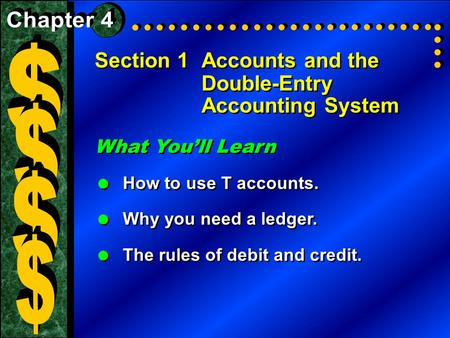 Section 1Accounts and the Double-Entry Accounting System What You’ll Learn  How to use T accounts.  Why you need a ledger.  The rules of debit and credit.