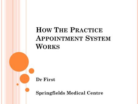 H OW T HE P RACTICE A PPOINTMENT S YSTEM W ORKS Dr First Springfields Medical Centre.