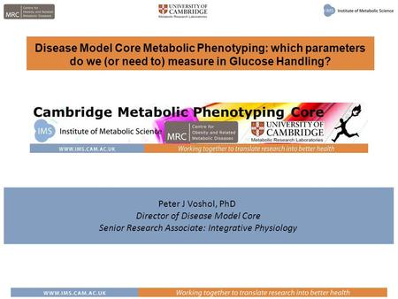 Peter J Voshol, PhD Director of Disease Model Core Senior Research Associate: Integrative Physiology Disease Model Core Metabolic Phenotyping: which parameters.