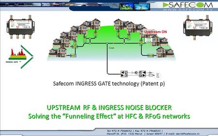 Safecom INGRESS GATE technology (Patent p) UPSTREAM RF & INGRESS NOISE BLOCKER Solving the “Funneling Effect” at HFC & RFoG networks.