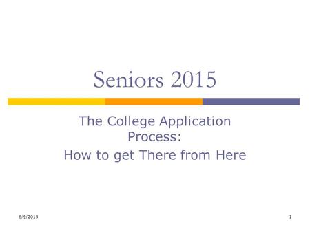 8/9/20151 Seniors 2015 The College Application Process: How to get There from Here.