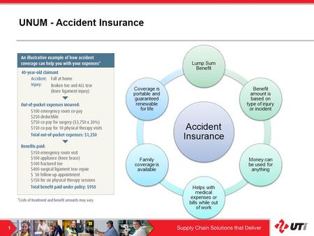 UNUM - Accident Insurance Accident Insurance Lump Sum Benefit Benefit amount is based on type of injury or incident Money can be used for anything Helps.