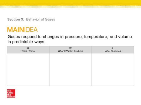 Gases respond to changes in pressure, temperature, and volume in predictable ways. Section 3: Behavior of Gases K What I Know W What I Want to Find Out.
