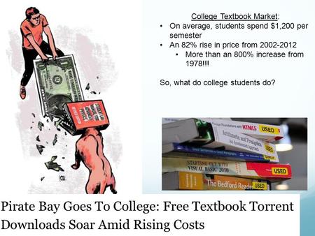 College Textbook Market: On average, students spend $1,200 per semester An 82% rise in price from 2002-2012 More than an 800% increase from 1978!!! So,
