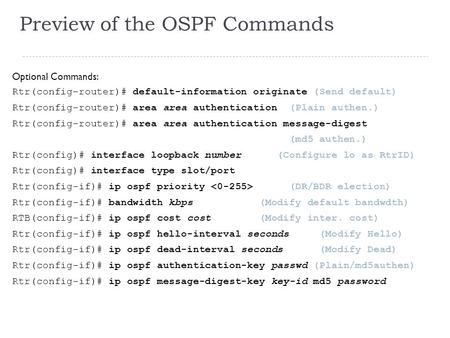 Preview of the OSPF Commands Optional Commands: Rtr(config-router)# default-information originate (Send default) Rtr(config-router)# area area authentication.