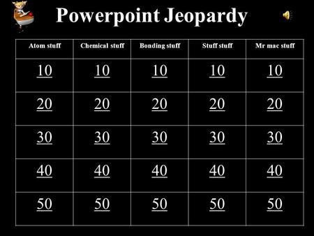 1 Powerpoint Jeopardy Atom stuffChemical stuffBonding stuffStuff stuffMr mac stuff 10 20 30 40 50.