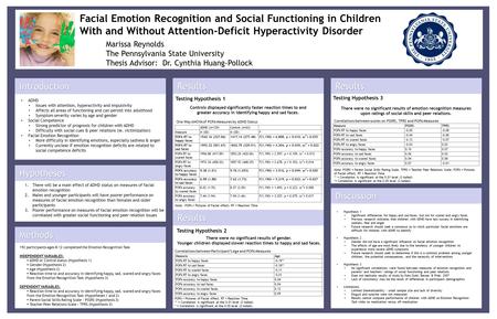 Facial Emotion Recognition and Social Functioning in Children With and Without Attention-Deficit Hyperactivity Disorder Marissa Reynolds The Pennsylvania.