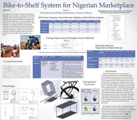 Bike-to-Shelf System for Nigerian Marketplace Team 5 Daratu Derga, Matt Murphy, Frankie Reluzco, Kristen Van Tilburg Abstract Our objective for “Project.