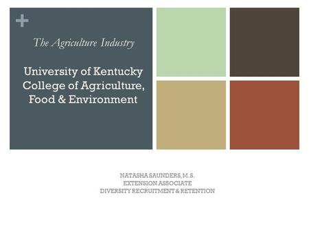 + The Agriculture Industry University of Kentucky College of Agriculture, Food & Environment NATASHA SAUNDERS, M.S. EXTENSION ASSOCIATE DIVERSITY RECRUITMENT.