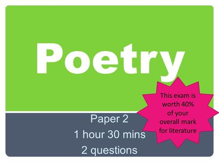 Poetry Paper 2 1 hour 30 mins 2 questions This exam is worth 40% of your overall mark for literature.