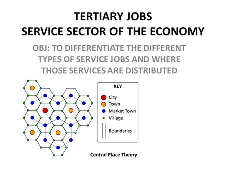TERTIARY JOBS SERVICE SECTOR OF THE ECONOMY OBJ: TO DIFFERENTIATE THE DIFFERENT TYPES OF SERVICE JOBS AND WHERE THOSE SERVICES ARE DISTRIBUTED.
