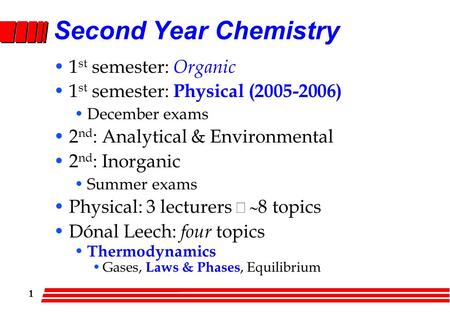 1 Second Year Chemistry 1 st semester: Organic 1 st semester: Physical (2005-2006) December exams 2 nd : Analytical & Environmental 2 nd : Inorganic Summer.
